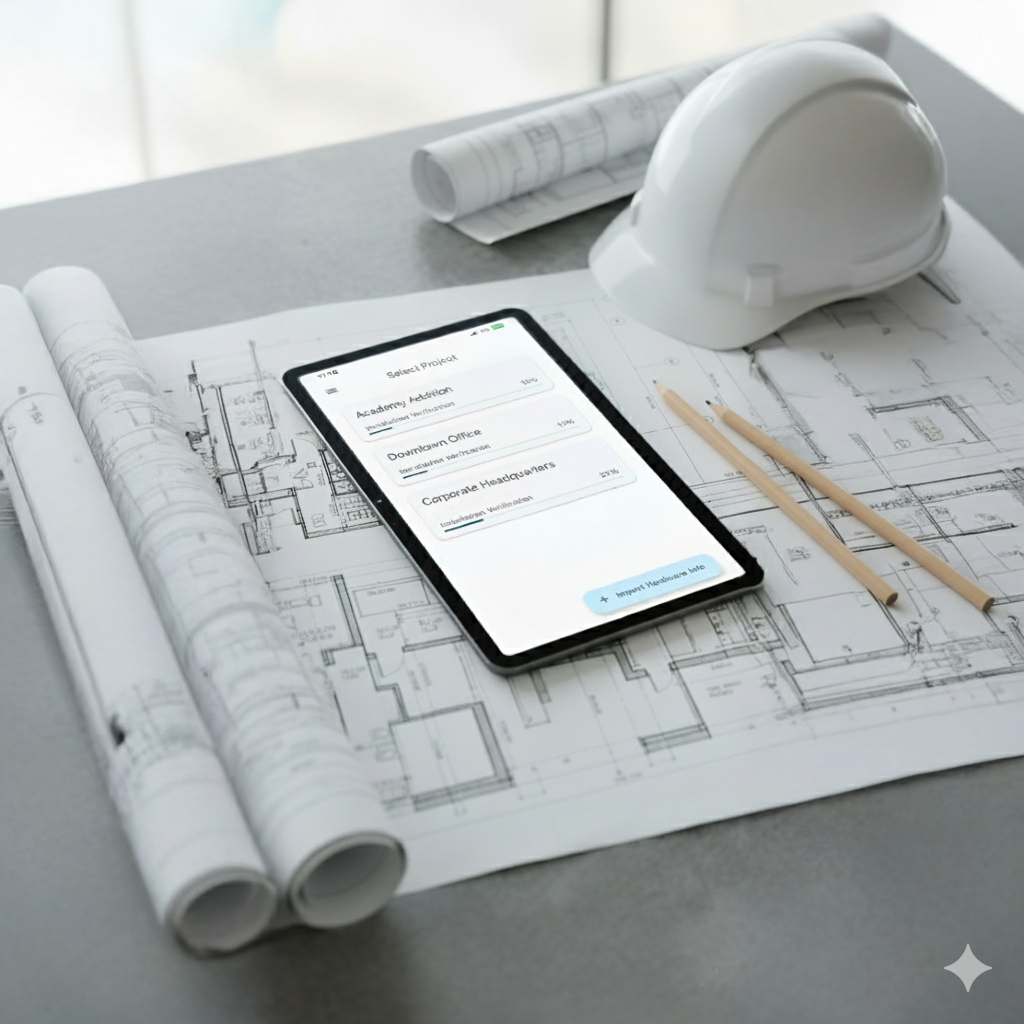 Construction tablet displaying project management on architectural blueprints with hard hat